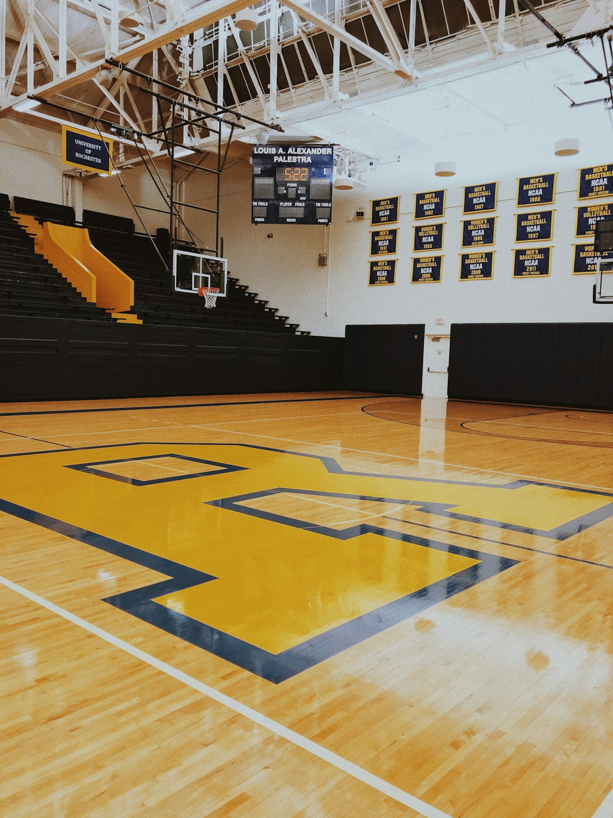 Empty basketball court under arena lights